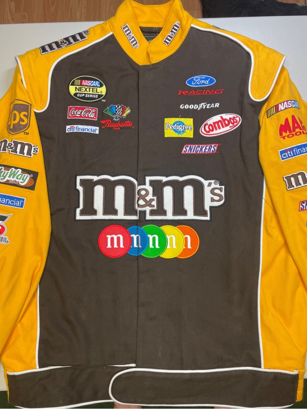 Chase Authentics Brown and Yellow Racing Bomber Jacket with M&M's Logos